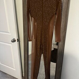 Brown Rhinestone Jumpsuit fashion nova